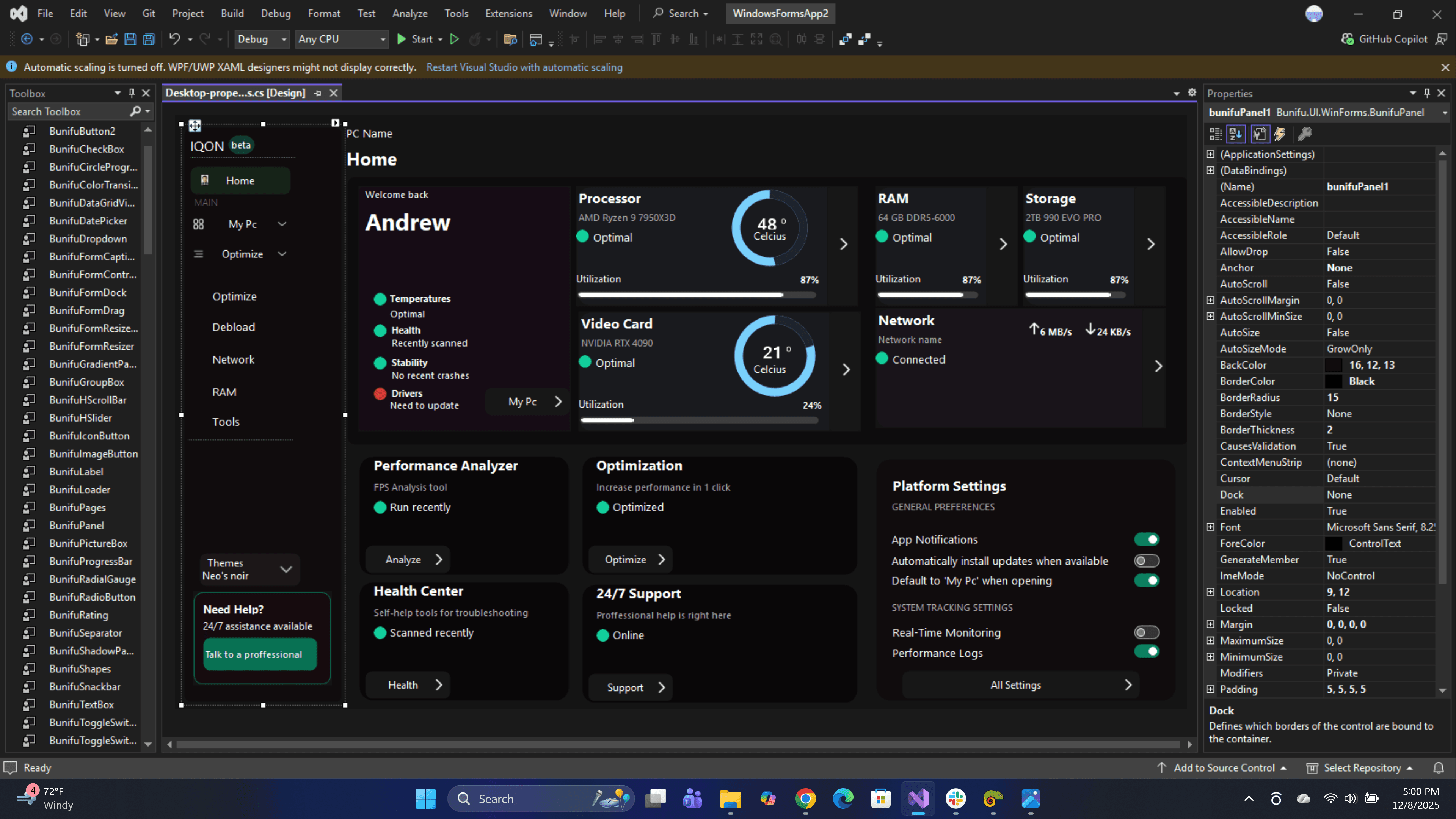 Designing a System Performance Monitor UI using Bunifu Framework
