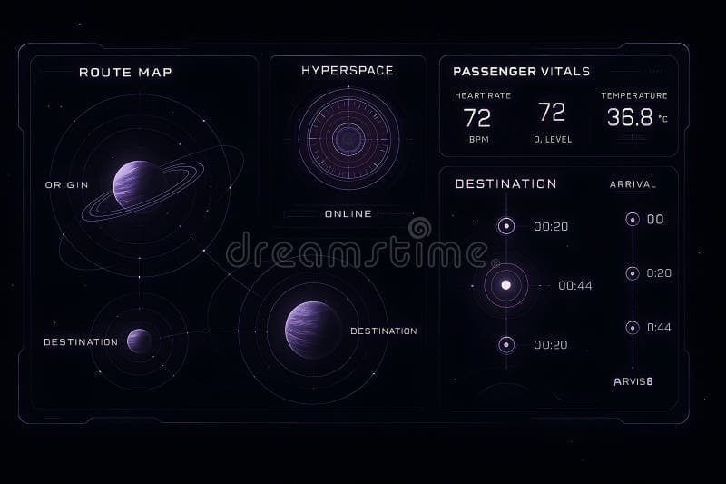 Futuristic Space Travel HUD Interface with Route Map, Hyperspace System, Passenger Vit…