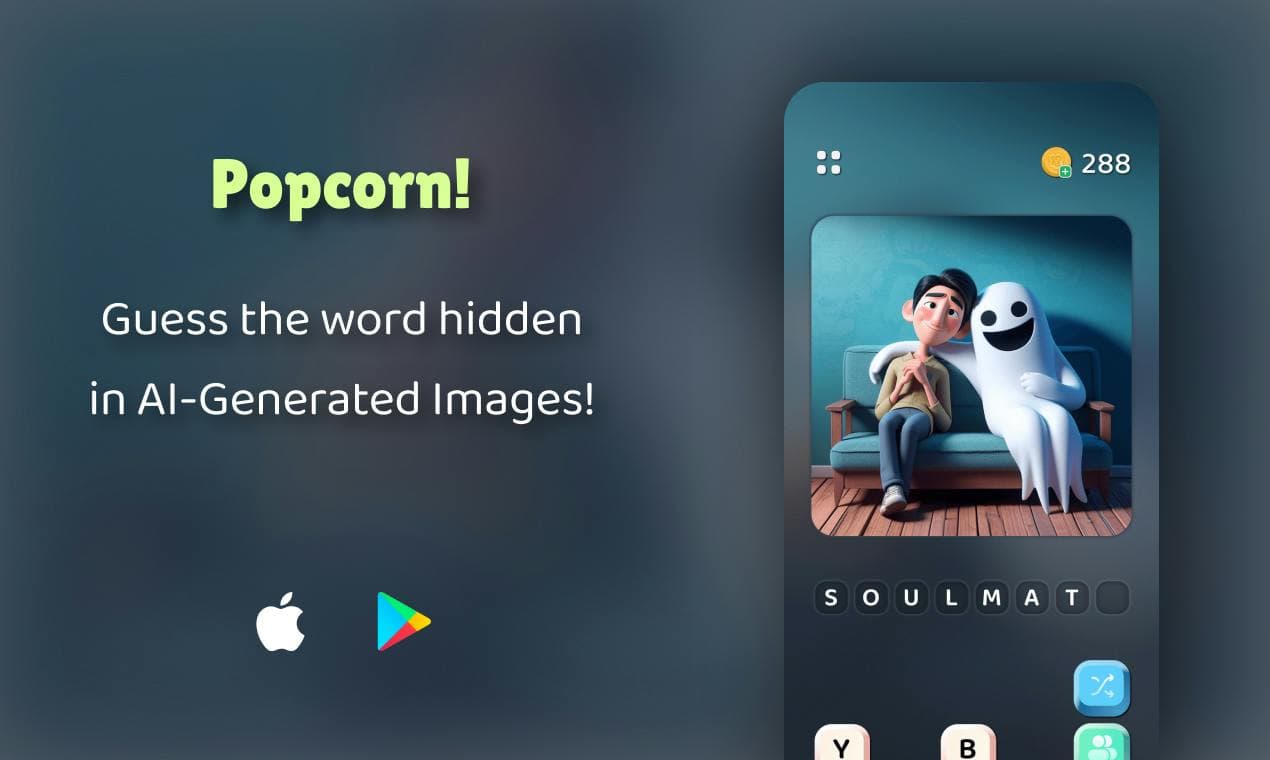 Popcorn: Guess word in AI-Generated pics: Unique Brain challenging Pic to Word Quiz Game