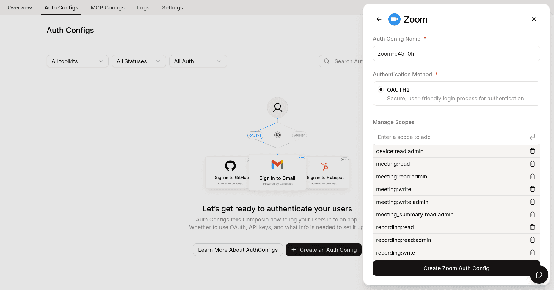 How to create OAuth2 credentials for Zoom and configure it in Composio