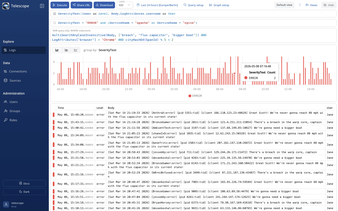 Telescope - Open-source Web-based Log Viewer UI