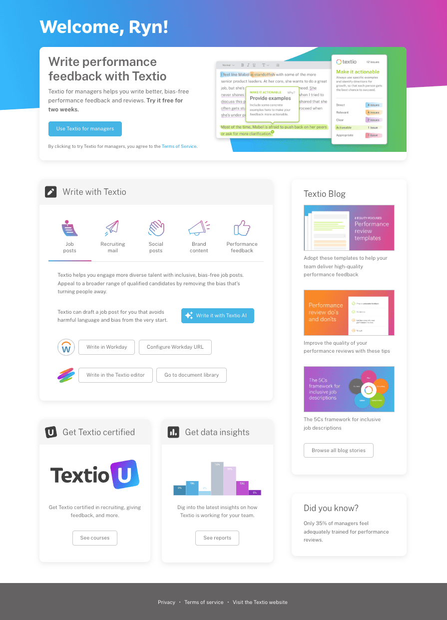 Getting to know the Textio home page