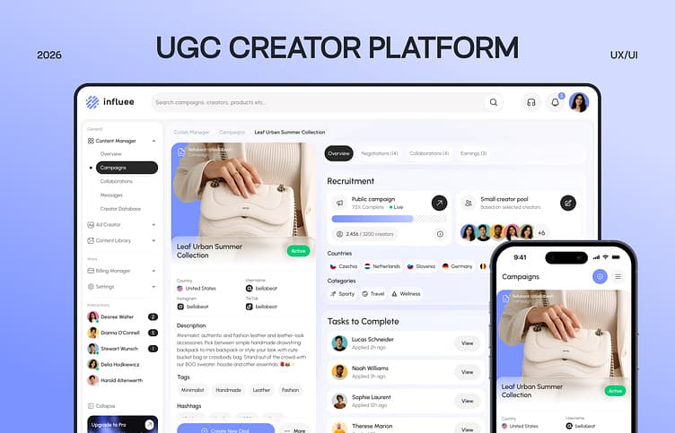 UGC Creator SaaS Platform Dashboard UI Influencer Marketing App by Ruslan Kosinov on D…